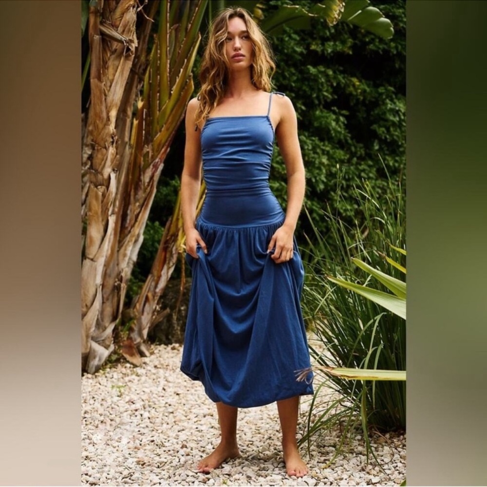 FREE PEOPLE BEACH Liza Drop-Waist ballon Midi Navy Blue dress boho hippie‎ SZ XL